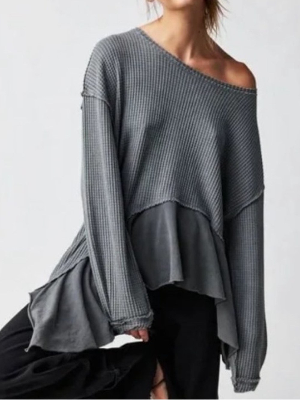 We The Free - Free People Vada Thermal Waffle Knit Asymmetrical Top Grey Large L